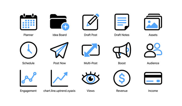 Social media management icons arranged in grid on white background