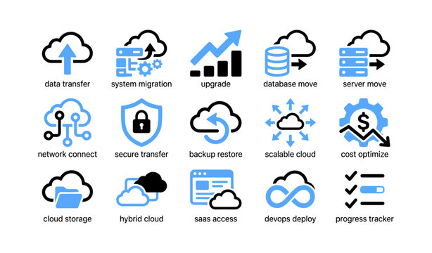 Cloud and it service icons arranged in icon grid on white background