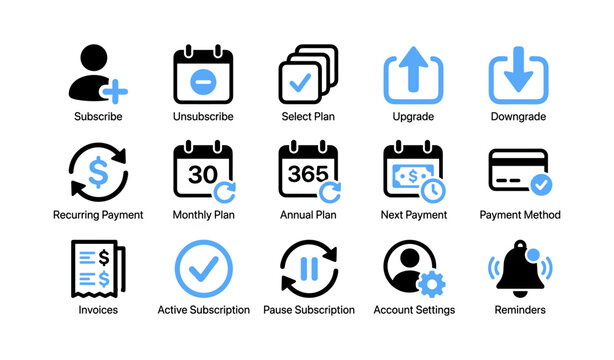 Subscription and payment icons showing billing actions in grid