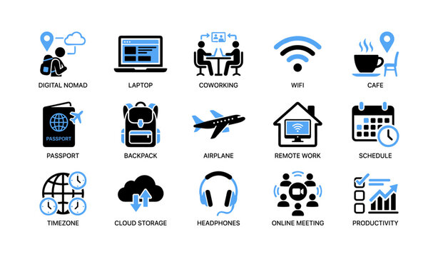 Remote work and travel icons showing connectivity and tools on white