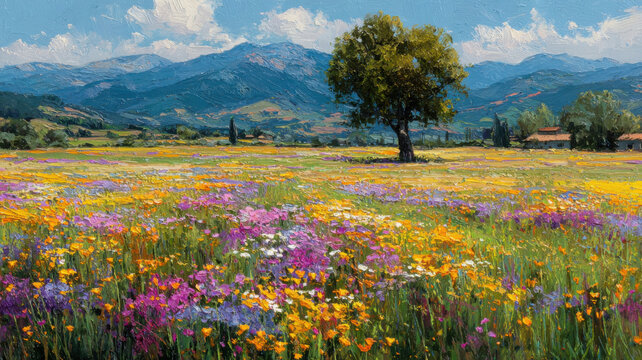 Oil painting of colorful tuscany flower field. Landscape painting on canvas. Heavy brushstrokes.
