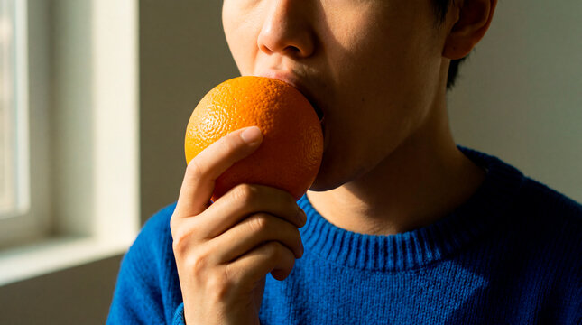 Contemplative person bites orange near window in intimate blue sweater portrait