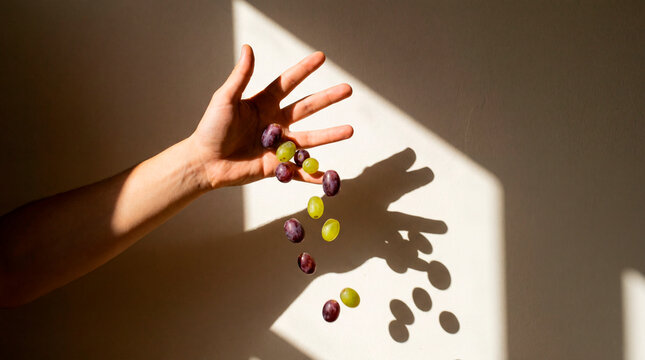 Playful hand releases grape across sunlit wall in minimal domestic interior