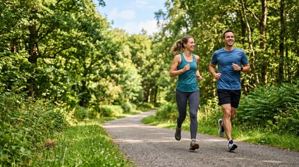 Fototapeta premium A young woman and man enjoying a refreshing run through a lush green forest path on a sunny day.