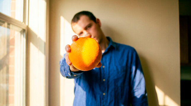 Focused man offers orange toward camera in warm sunlit interior portrait