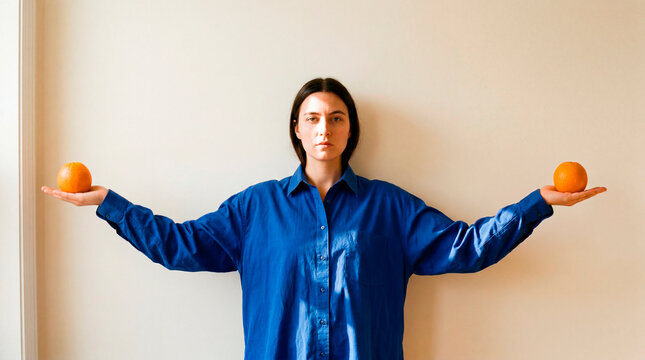 Resolute woman balances orange in open hands against minimal cream wall