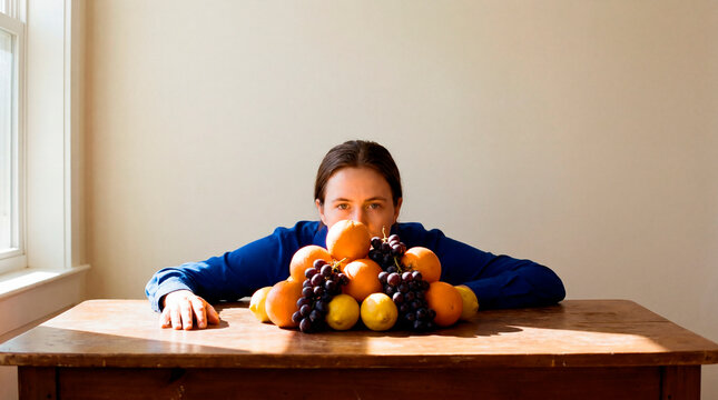 Pensive woman rests behind fruit mound on wooden table in quiet window light