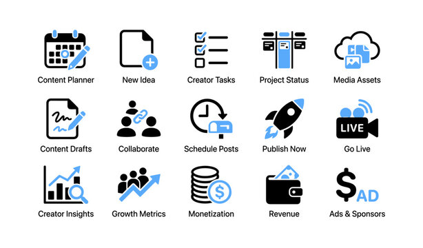 Content management icons showing planner and publishing tools in grid