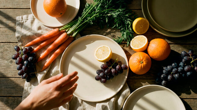 Intentional produce arrangement spreads across rustic table in warm natural light