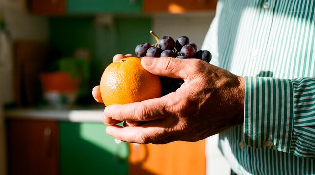 Attentive mature hands hold orange and grape in colorful home kitchen light