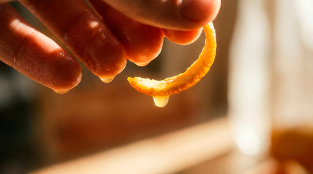 Precise hand holds dripping orange peel in glowing macro citrus study