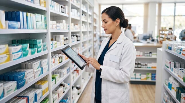 A focused Latina pharmacist analyzes data on a tablet in a well-organized pharmacy, surrounded by medication shelves.