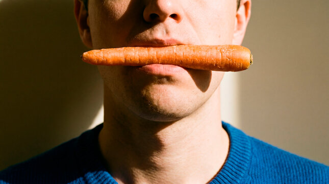Pensive man balances carrot at mouth in warm close portrait with blue sweater