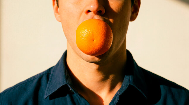 Introspective man holds orange at mouth in dramatic close portrait with blue shirt
