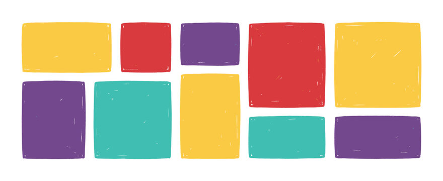 Colorful hand drawn rectangles and squares arranged in rows