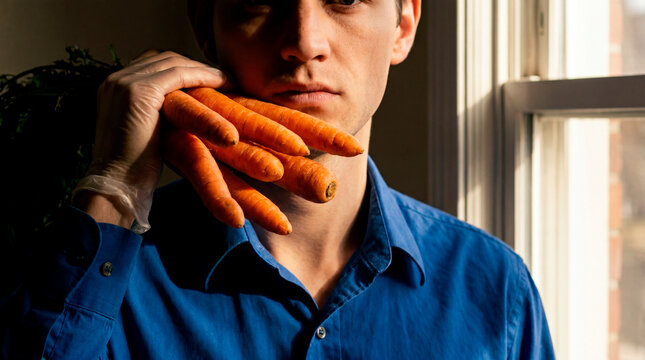 Focused man holds carrot bunch against face beside window in dramatic interior light