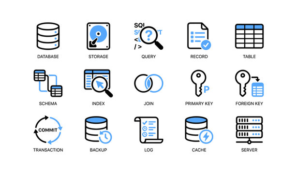 Database icons showing storage and table concepts on white background