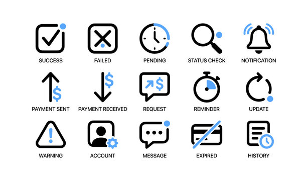 Status and payment icons showing notifications and actions grid