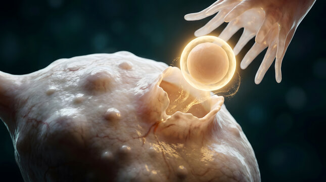 Human egg cell and ovary with glowing ovum showing fertility reproduction and microscopic biology process