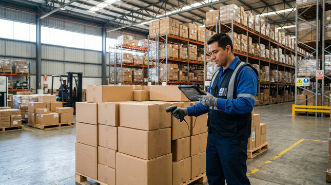 Hispanic male warehouse worker scanning boxes with a handheld device in a busy storage facility.