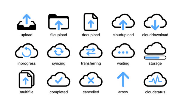 Cloud file transfer and status icons arranged in grid