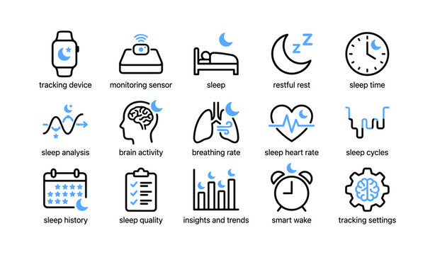 Sleep tracking icons showing analysis and health metrics on white