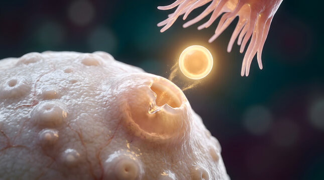 Human egg cell and ovary with glowing ovum showing fertility reproduction and microscopic biology process