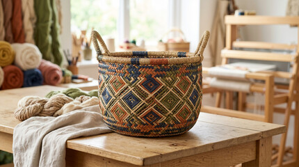 Fototapeta premium Hand-woven basket with geometric diamond pattern on wooden table. Artisan craft workshop with weaving loom and yarn in background