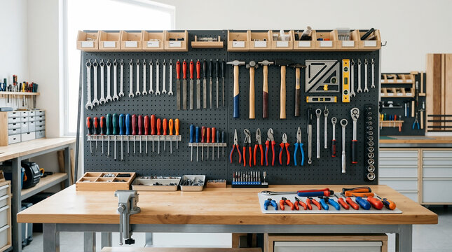Professional workshop bench with organized tools on dark pegboard. Wooden workbench with metal vise and hand tools in a clean garage