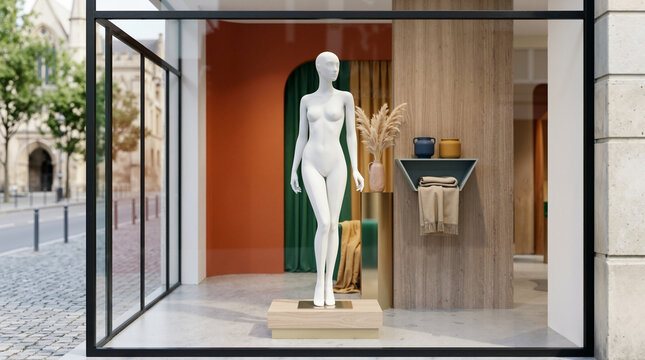 Modern boutique storefront window display with undressed white mannequin. Minimalist retail shop window with terracotta and green decor