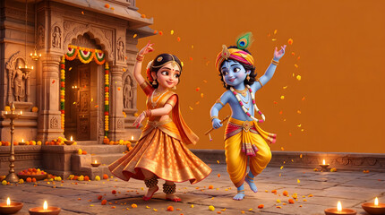 Fototapeta premium Krishna and Radha dancing joyfully near temple with diya and flower decoration