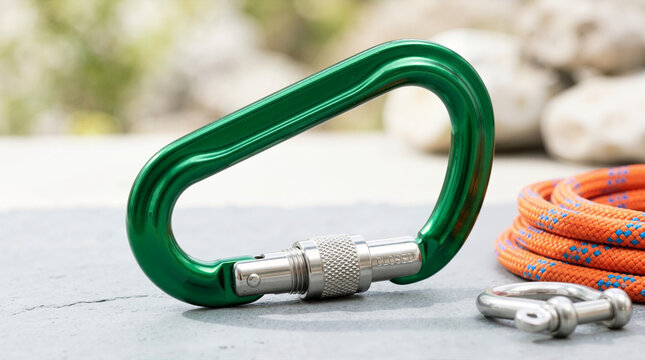 Green locking carabiner and orange climbing rope on a stone surface. Close up of rigging security fastener and D-shackle. Outdoor mountaineering gear