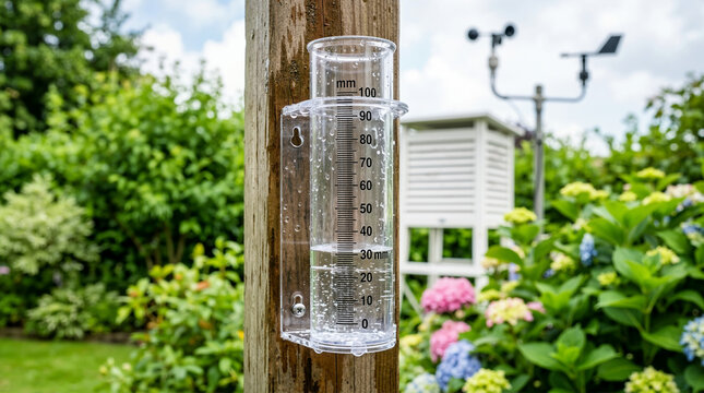 Rain gauge filled with water mounted on a wooden post in a garden. Close up of precipitation measurement tool with weather station in background. Backyard meteorology