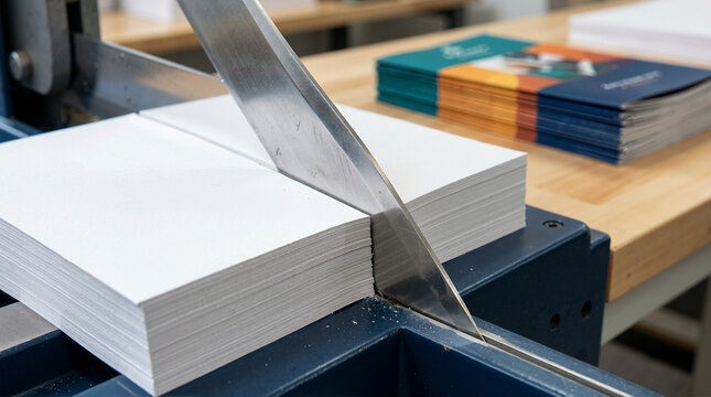 Heavy duty guillotine blade slicing through a stack of white paper. Close up of a commercial paper cutter in action. Printed colorful brochures on a wooden table in the background