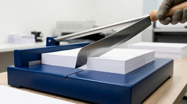 Manual paper guillotine cutting through a thick stack of white paper. Close up of a gloved hand operating a sharp metal blade. Commercial printing and bindery equipment
