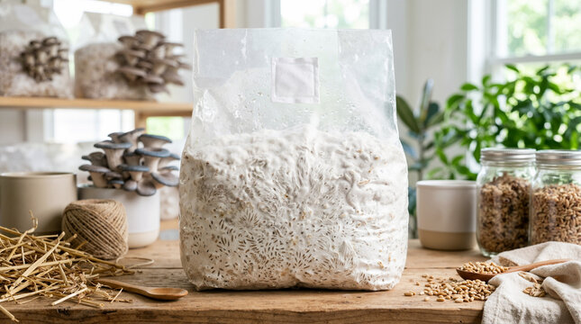 Oyster mushroom spawn bag with white mycelium on a rustic wooden table. Home fungi cultivation kit with fresh mushrooms, straw, and grain jars