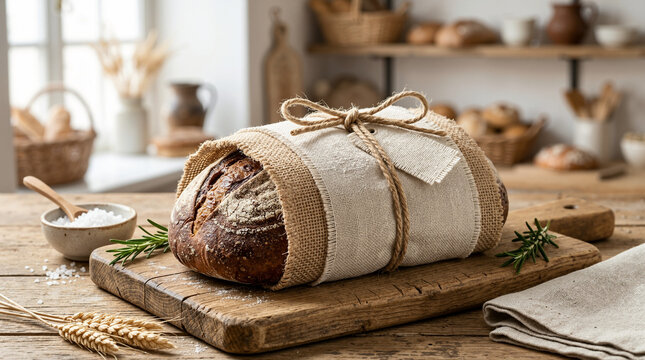 Artisan sourdough bread wrapped in linen cloth and burlap tied with twine. Rustic bakery setting with fresh loaf on a wooden board with copy space tag