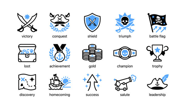 Pirate and victory icons depicting conquest symbols on white background
