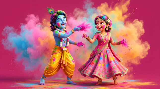 Krishna and Radha playing Holi with colorful powder explosion on vibrant pink background