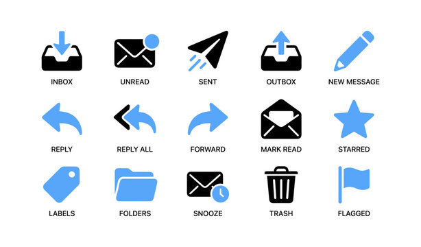 Email interface icons showing inbox actions and mail tools