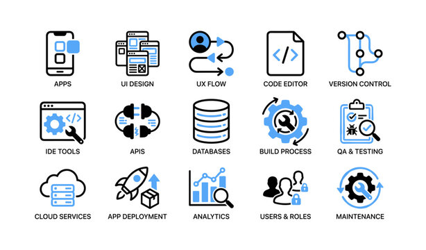 Software development icons showing modules and tools on white