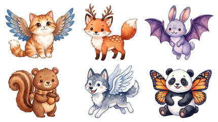 Obraz premium cute fantasy mythical animals winged cat and wolf watercolor clipart set
