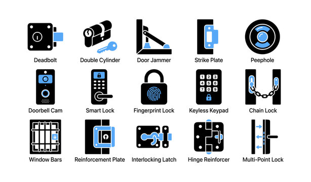 Door security icons showing locks and hardware on white grid