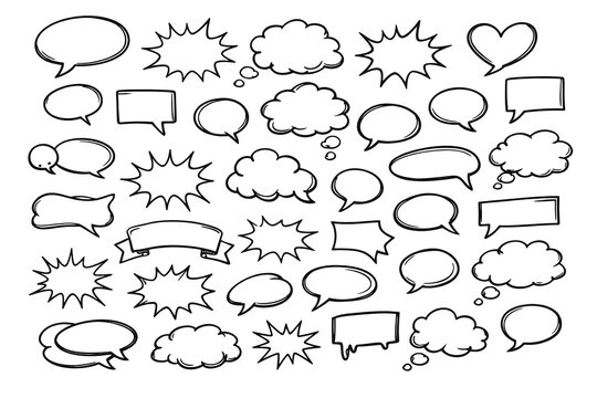 Doodle Speech Bubbles Vector Collection Hand Drawn Comic Chat Clouds Blank Conversation Balloons Ribbons and Heart Element Pack for Text Layout Graphic Design