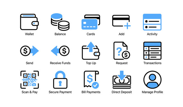 Wallet icons showing finance actions and transaction tools on white