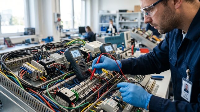 A focused male technician in a blue work uniform measures circuit components with digital multimeters in a busy electronics lab.