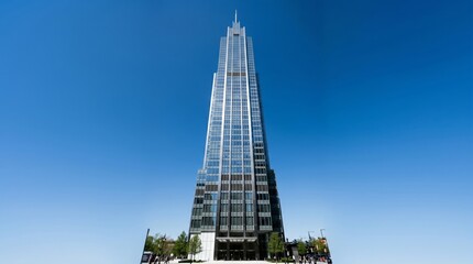 Obraz premium A striking, modern skyscraper gleams under a clear blue sky, showcasing a sleek glass façade and sharp angular design.