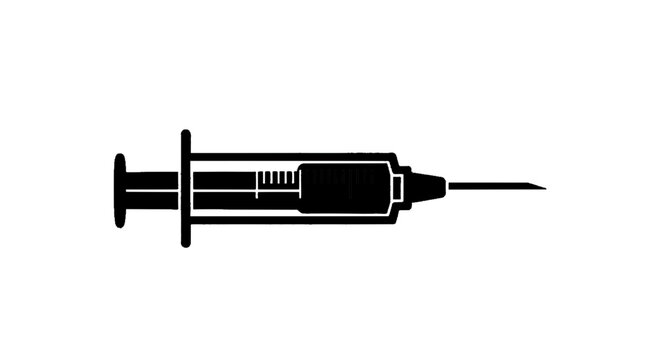 Minimal black silhouette icon, simple flat vector, bold black shape, no, no shading black silhouette icon of a medical syringe on a, flat icon style