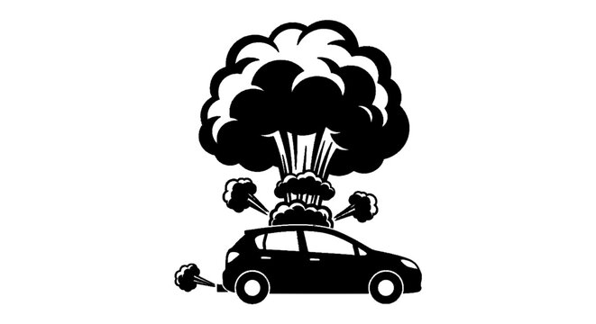 Minimal black silhouette icon, simple flat vector, bold black shape, no, no shading vector illustration of a car exploding with smoke on a, flat icon style