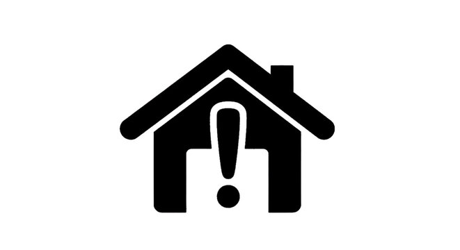Minimal black silhouette icon, simple flat vector, bold black shape, no, no shading house icon with exclamation mark inside, vector illustration on a, flat icon style
